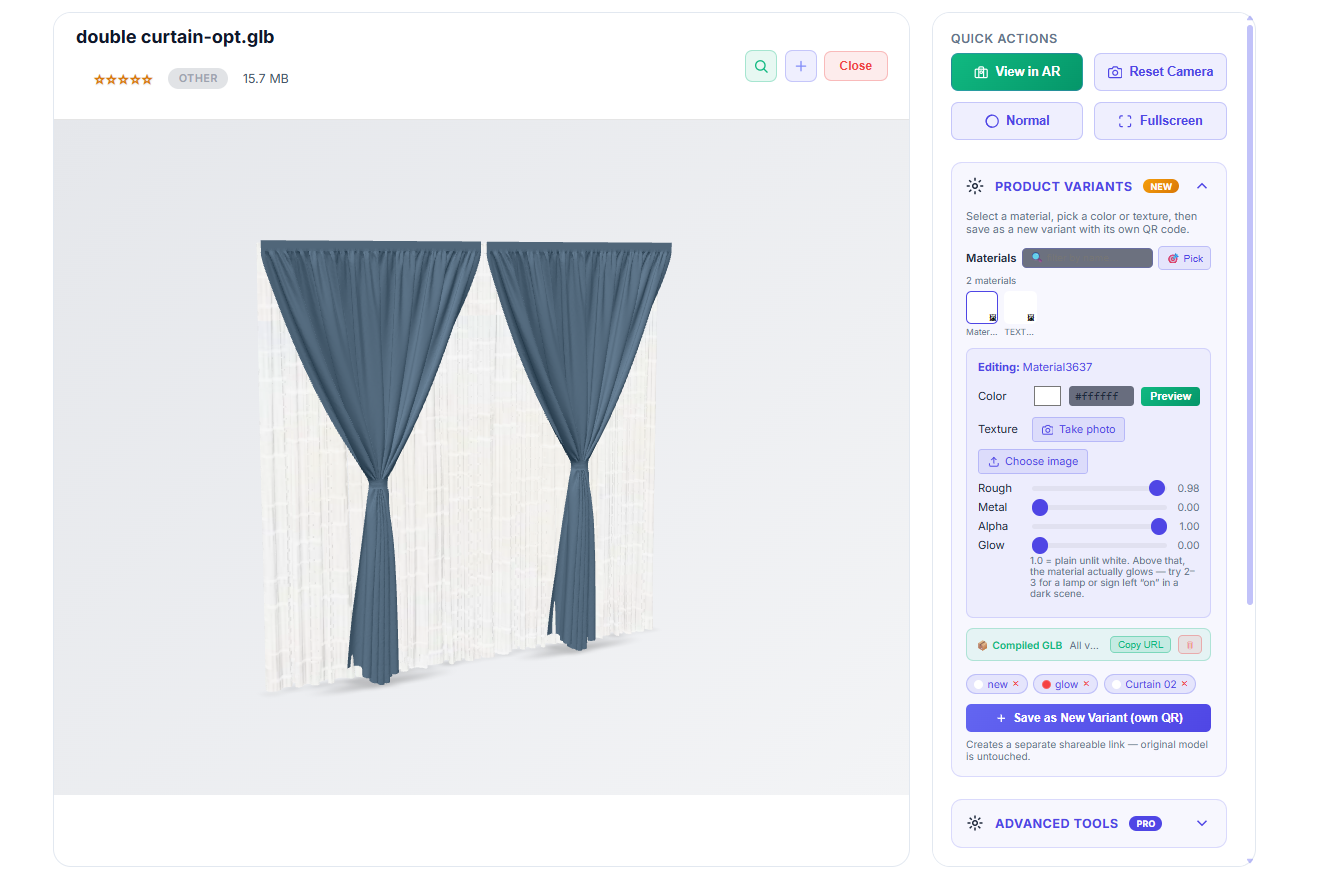 Gamisya client portal editing curtain materials, with colour, texture, and variant controls